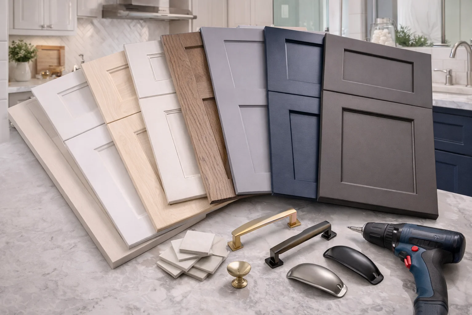 Collection of cabinet door samples and tools