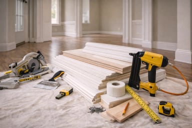 Construction tools and materials on a carpeted floor