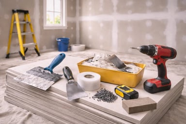 Tools and materials for home renovation on a floor.