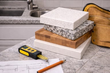 Assorted countertop samples with measuring tools