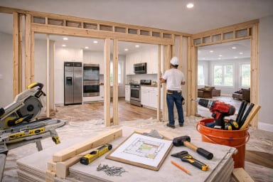 Construction worker in unfinished kitchen remodeling