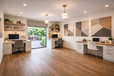 Modern home office with dual workspaces and natural light