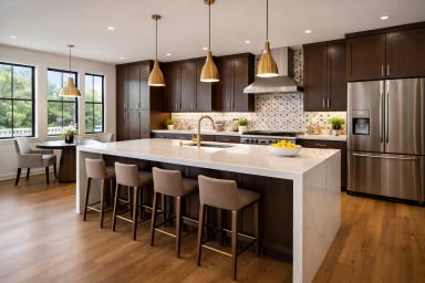 Modern kitchen with wood cabinets and marble island