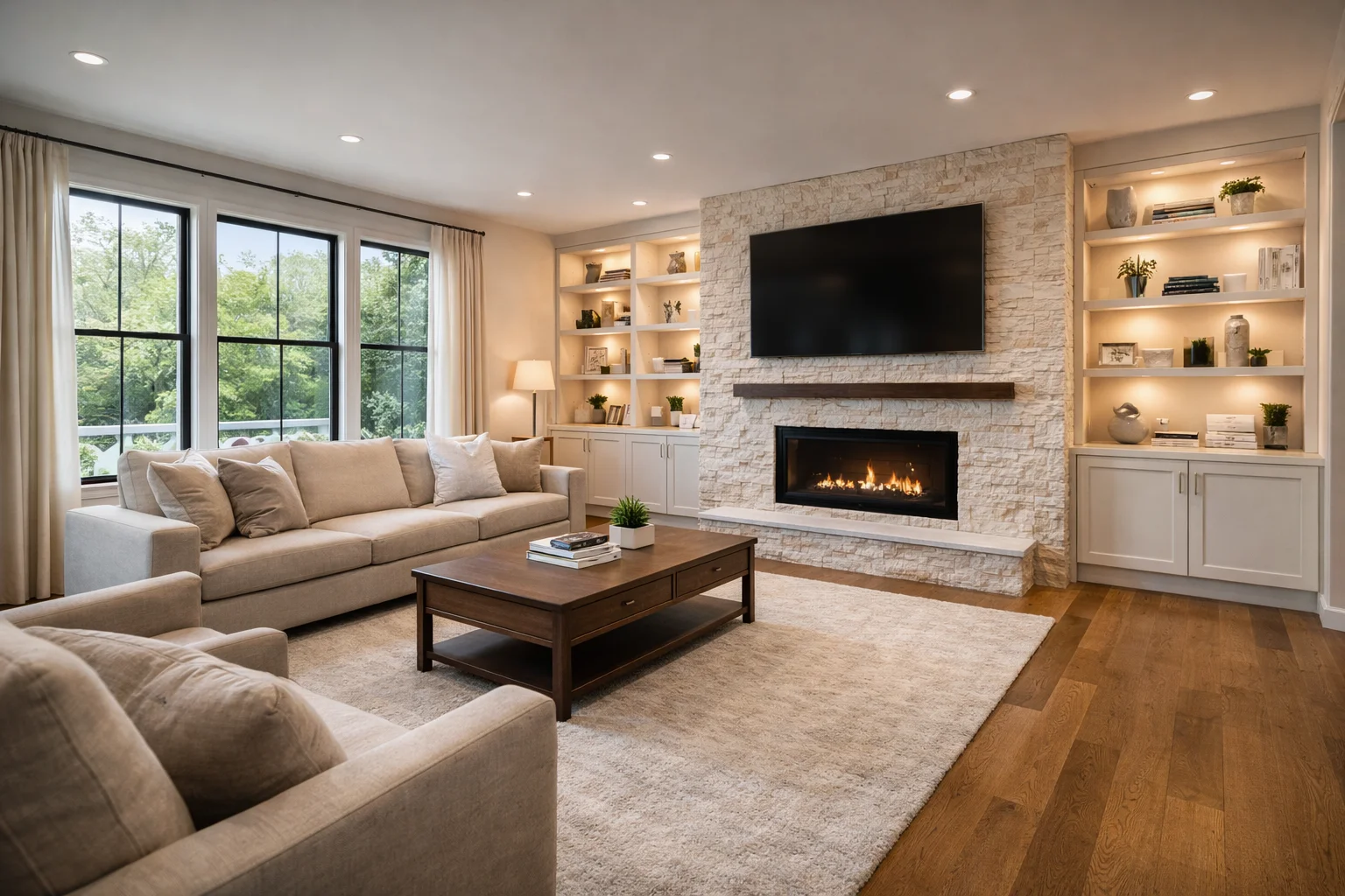 Modern living room with cozy decor and fireplace