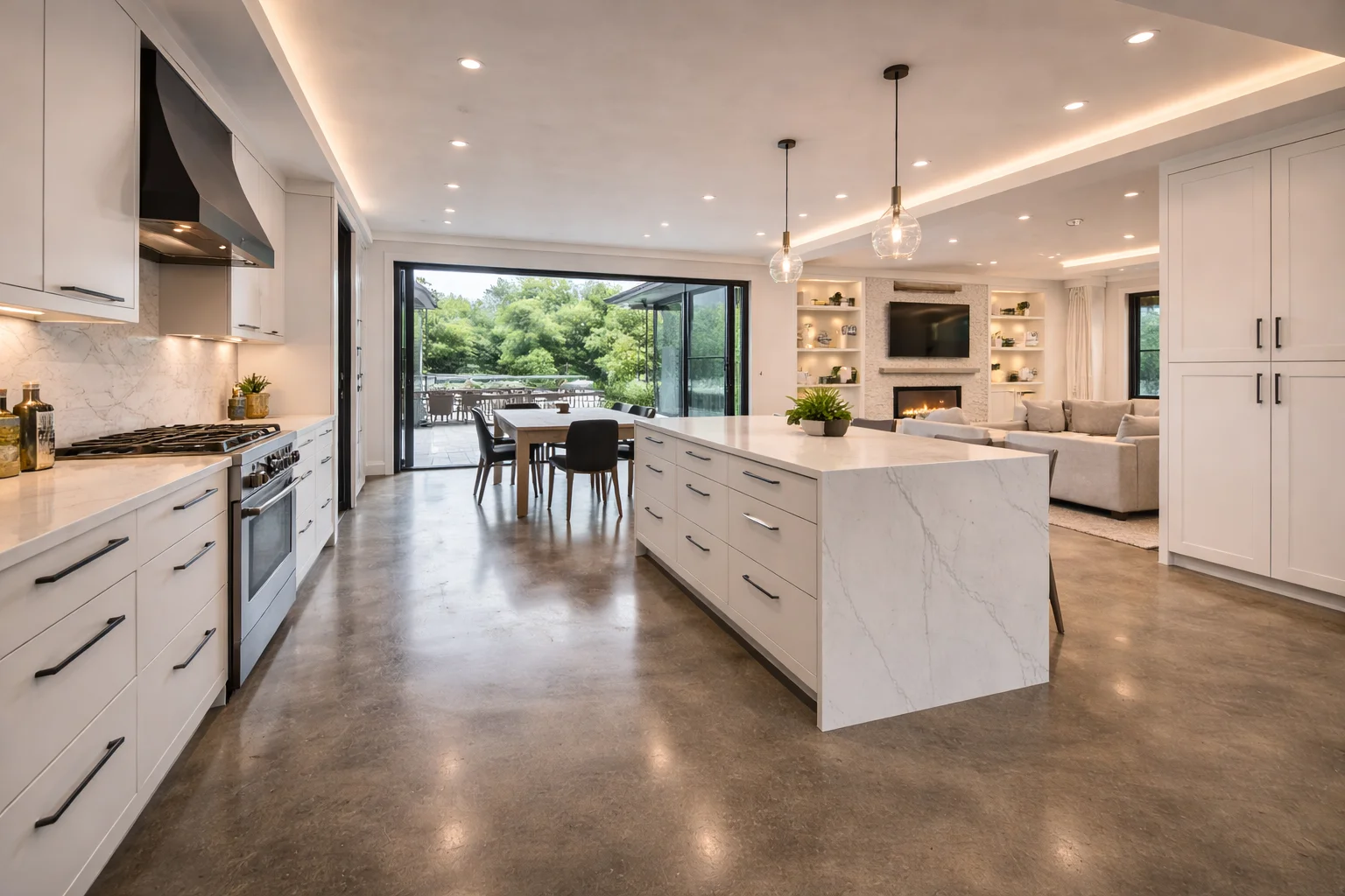 Modern kitchen interior with island and open space