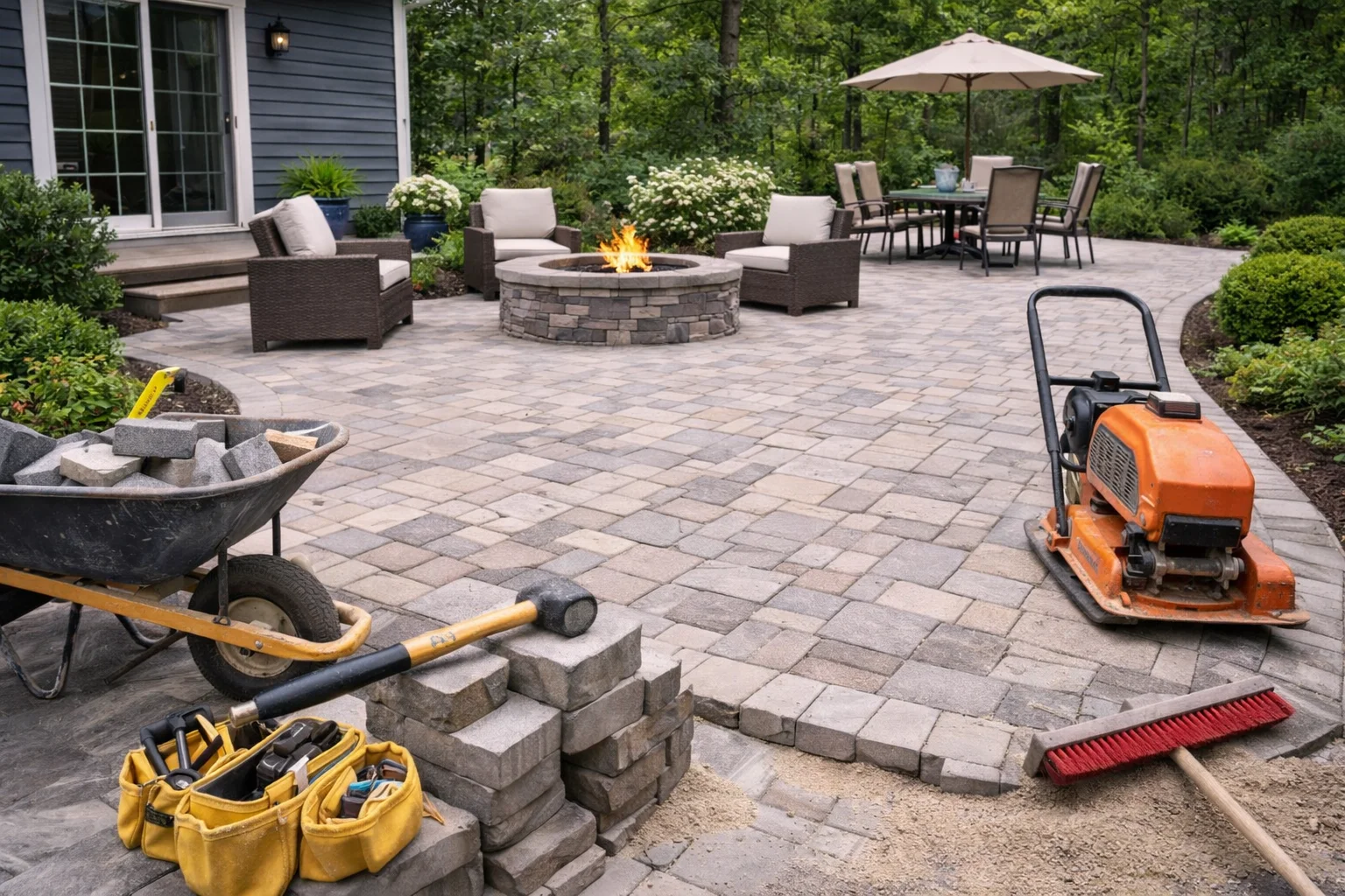 Patio with fire pit and landscaping tools in a backyard