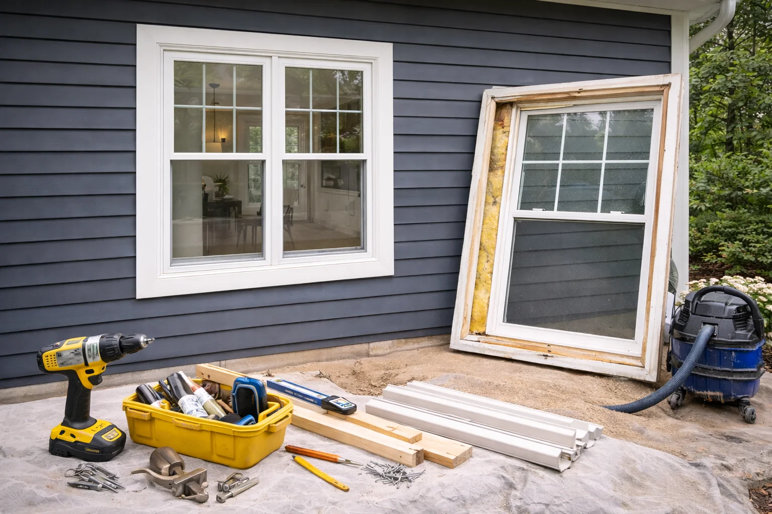 Construction tools and materials for window installation